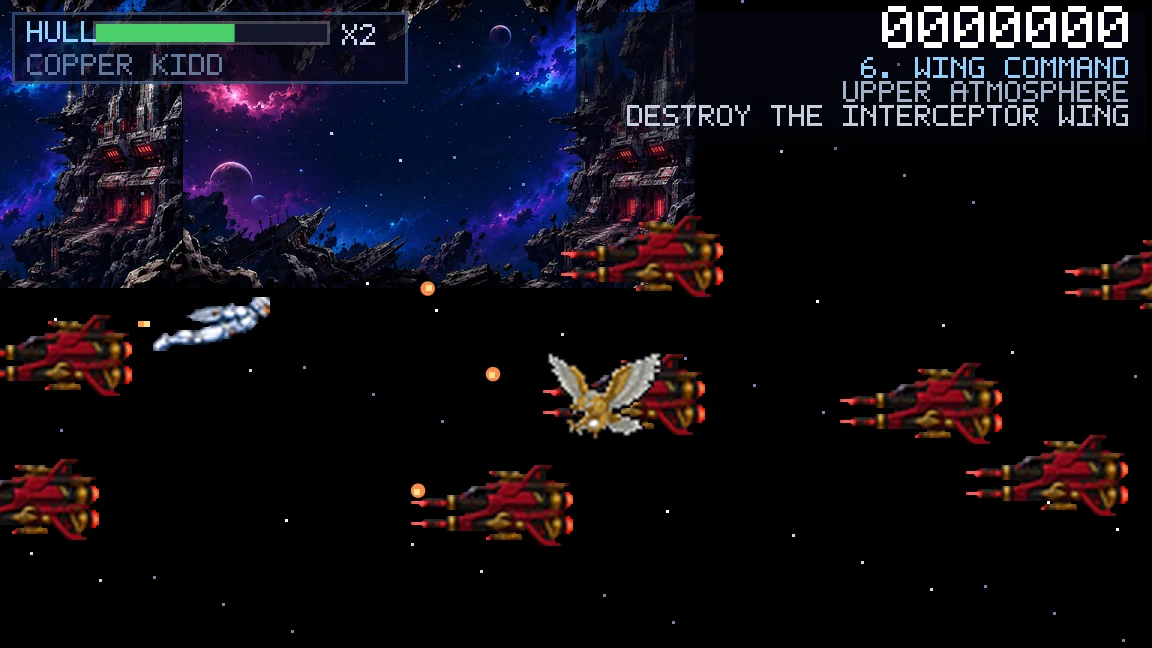 Copper Kidd and his bird flying against a wing of Mob interceptors in a flight stage of the SilverHawks fan game