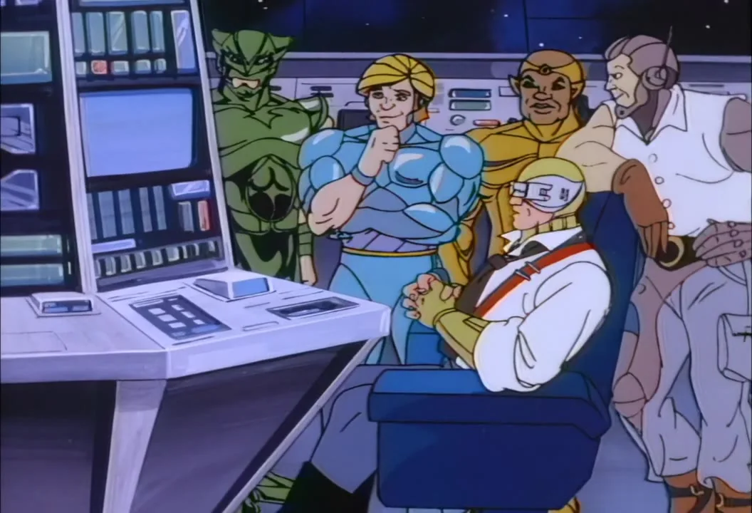 Stargazer watches the rehearsal from his chair with Flashback, Moon Stryker, Hotwing and Condor.