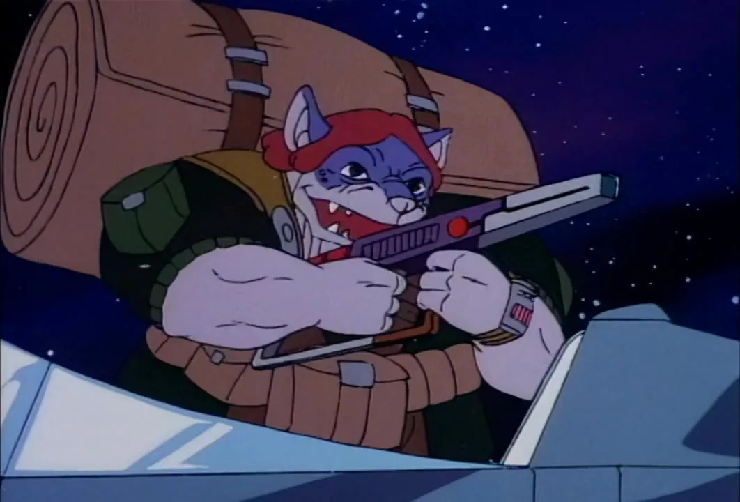 Hardware aims his gun over the side of the Mob car.
