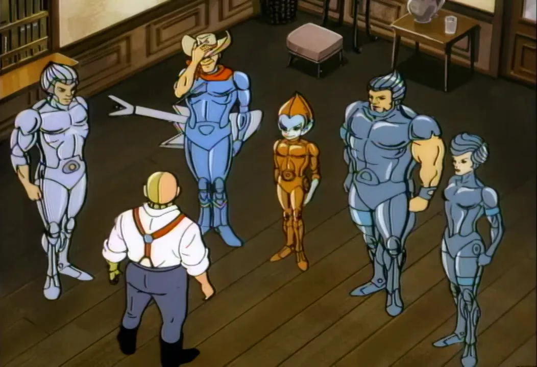 Stargazer, seen from behind, faces all five SilverHawks in the wood-floored room at Hawk Haven.