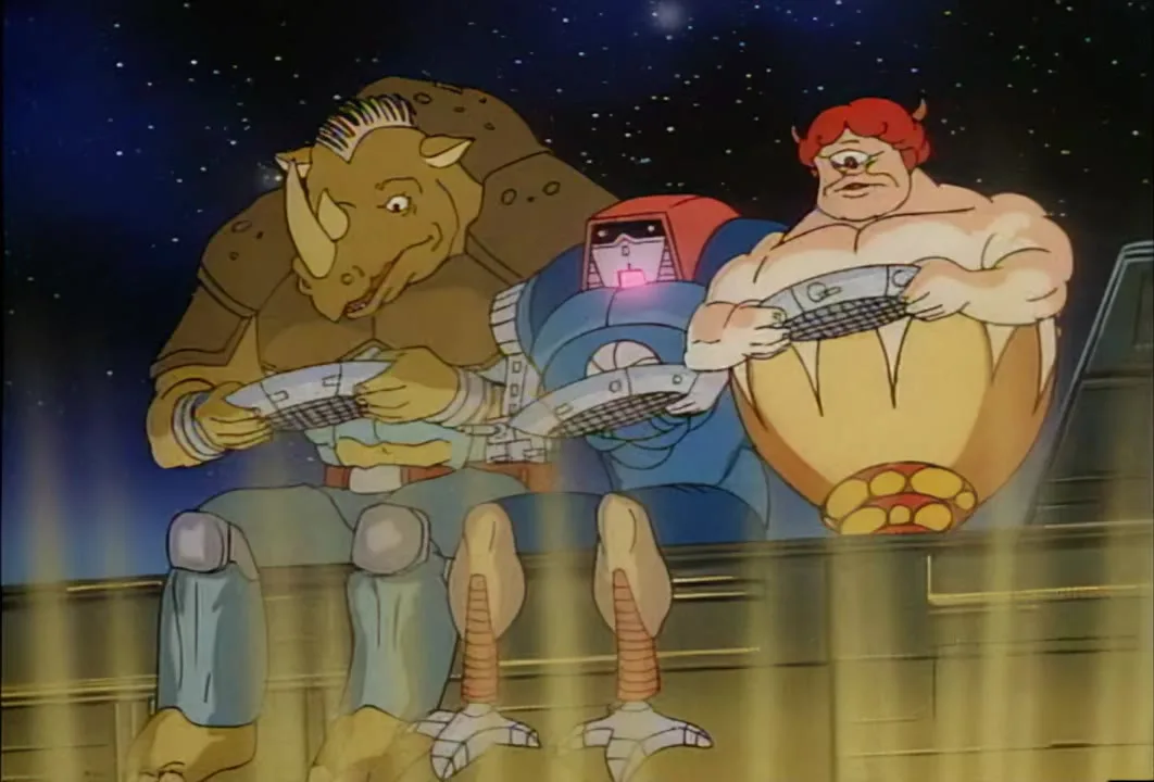 The three Space Bandits sit side by side sifting gold with pans at their claim.
