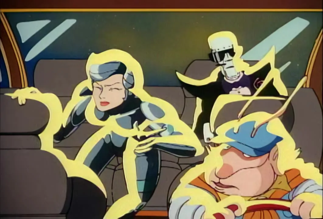 Yellow electric glow surrounds Steelheart, Seymour and Poker-Face as the magnetizer takes hold of the cab.