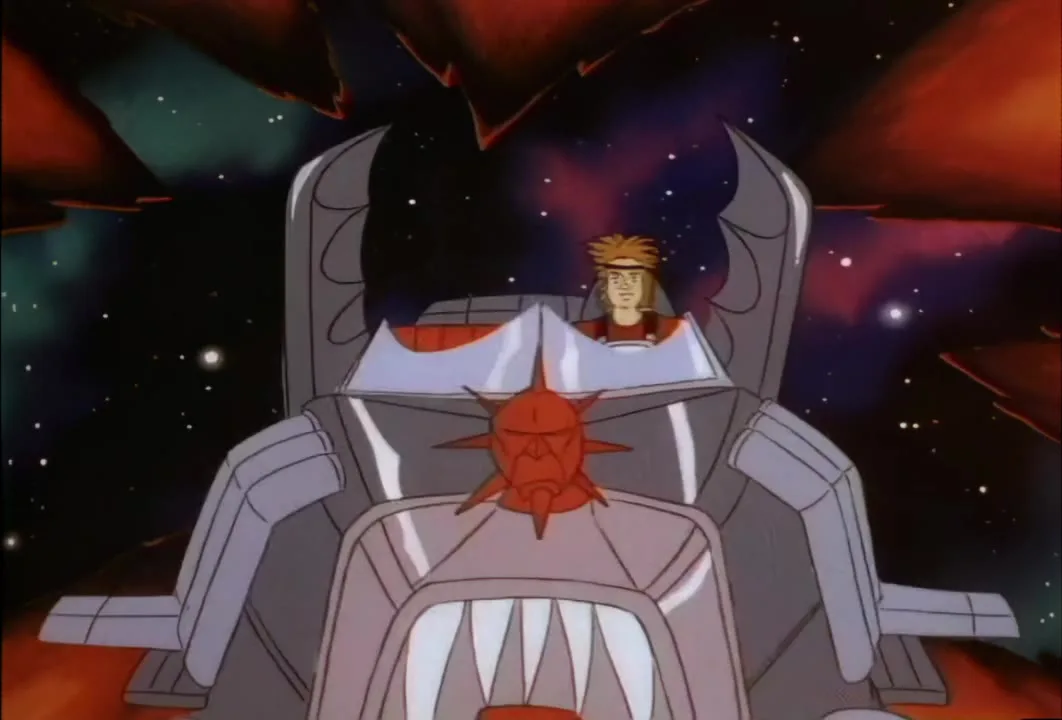 Timestopper flies the Road Star head-on through a red-lit sky toward his meeting with Mon*Star.