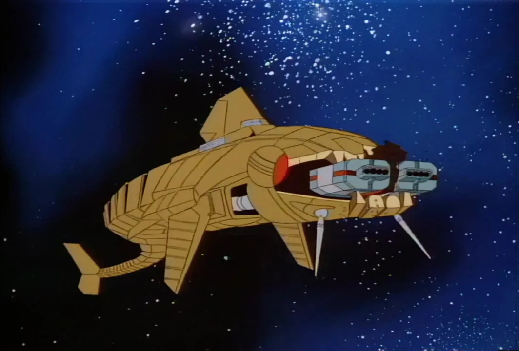 The Sky Chomper closes its jaws on the freighter as the crew abandon ship.