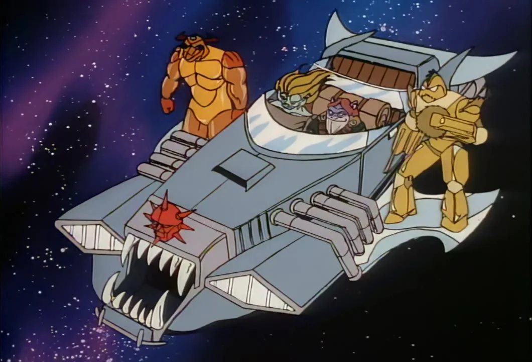 Mumbo Jumbo, Windhammer, Hardware and Buzz-Saw ride the Zoomer as the crippled mail ship calls Mayday.
